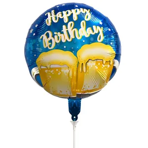 Detail of 18 inch blue foil balloon with Happy Birthday text and beer cheers design