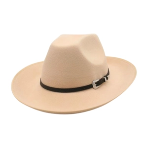 Beige wool felt jazz fedora with black leather belt and silver buckle detail