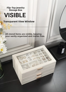 Three-layer jewelry box with clear top window and double drawers in white PU leather