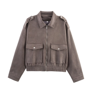 Giacca cargo da donna in finto scamosciato taupe con zip metallica e doppie tasche