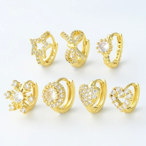 Fashion Copper Huggie Hoop Earrings With Micro Inlaid Cubic Zirconia Heart Star Bow Snowflake Shapes Jewelry For Women