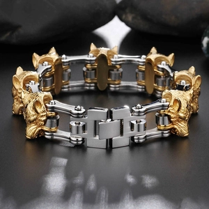 Mechanical style stainless steel wolf head bracelet with silver bike chain and gold accents