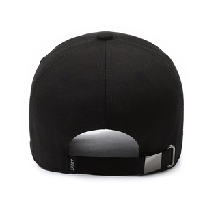 Rear view of minimalist black cotton baseball cap with adjustable metal slider buckle