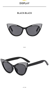 Front and 45-degree side view of black cat-eye kids sunglasses with silver glitter accents