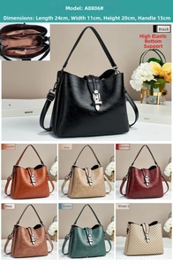 Detailed view of women's bucket bag internal structure and multiple color options