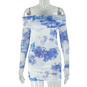 Detail of off-the-shoulder mini dress featuring blue floral print and mesh long sleeves