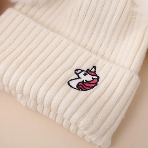 Winter knit hat for girls with unicorn embroidery and double fluffy white pom poms