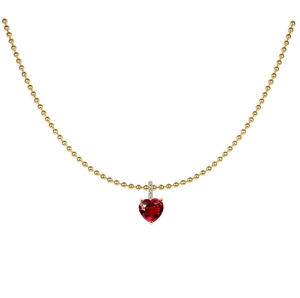 Detail of a gold choker chain featuring a red heart gemstone pendant and small diamonds