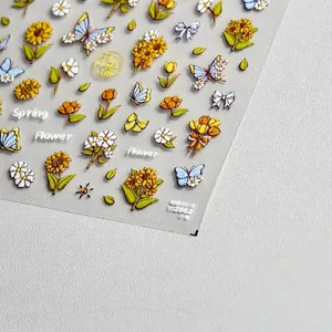 Stickers à ongles 3D en relief avec tournesols, marguerites et papillons pour nail art