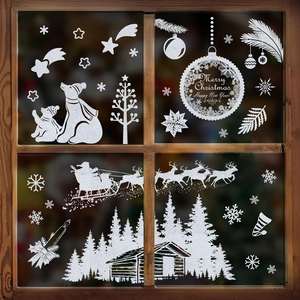 Autocollants Fenêtre Noël Paillettes Blanches Père Noël Renne Flocon De Neige Décoration Statique Pour Verre