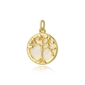 Golden tree of life pendant with white shell inlay on minimalist white background