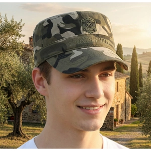 Close-up of camo cadet cap with star embroidery detail worn in outdoor lighting