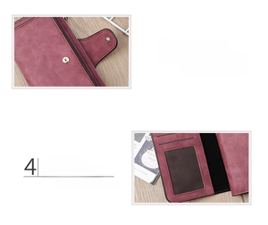Close-up detail of women's long matte PU leather wallet featuring snap button and photo slot.