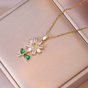 Detailed close-up of a floral zircon pendant necklace displayed in a luxury gift box
