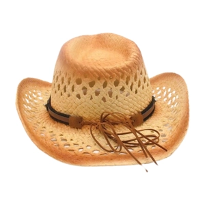 Chapeau de cowboy en paille ajourée kaki avec ruban marron foncé et cordon à glands