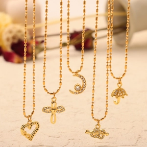 Geometric Pendant Necklace Titanium Steel Gold Plated Rhinestone Heart Umbrella Moon Cross Elegant Daily Jewelry Women