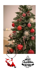 Detail of red glitter balls, candy canes and pine cones on Christmas tree