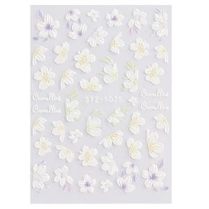 5D embossed white camellia nail art stickers with purple and yellow accents