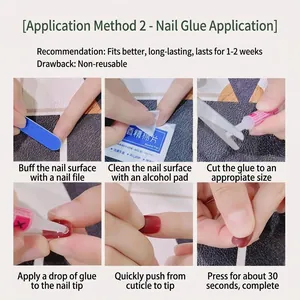Tutorial showing six steps to apply pink Rococo rabbit press-on nails with glue