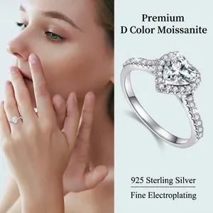 Classic 925 sterling silver ring with D color heart-cut moissanite stone