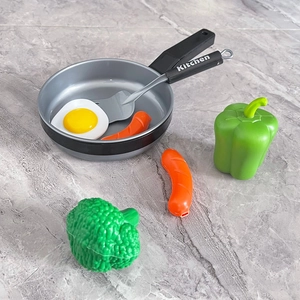 Detailed set of realistic plastic toy frying pan with fried egg, sausages and vegetables