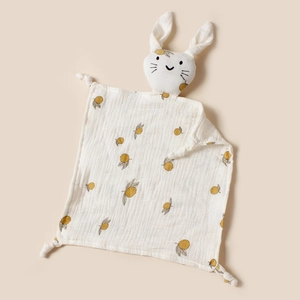 Doudou lapin pour bébé en mousseline de coton avec motif citron jaune et nœuds