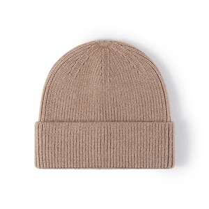 Classic warm khaki knit beanie for men and women featuring a ribbed cuff design
