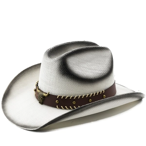 Western Cowboy Hat Straw Sun Protection Wide Brim Faux Leather Band Metal Bull Skull Vintage Ethnic Summer Outdoor