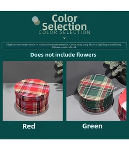 Detail of red and green plaid pattern on circular cardboard Christmas flower gift boxes