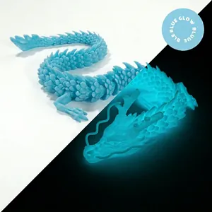 Detailed comparison showing 3D printed blue dragon with luminous glow-in-the-dark effect