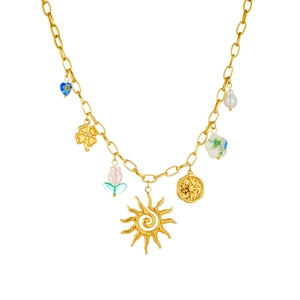 Gold plated stainless steel necklace with sun, clover, and floral enamel pendants