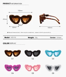 Detailed size chart for heart plush sunglasses with measurements and model HS1115