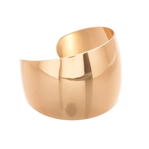 Minimalist wide open cuff bracelet in polished gold finish with mirror surface