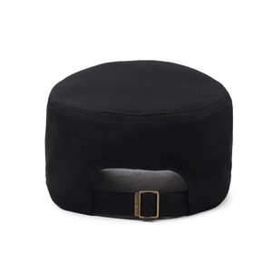 Rear view of black cotton cadet cap featuring an adjustable bronze metal buckle strap