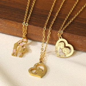 Golden stainless steel heart necklaces with mom pendant and pink enamel detail