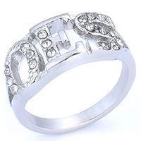 Macro detail of silver DAD ring featuring inset crystal stones on a white background