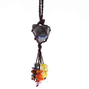 Lapis Lazuli raw stone wall hanging with colorful 7 chakra small crystals and woven rope