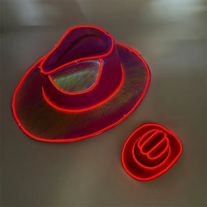 Detail of purple laser cowboy hat featuring glowing red LED trim and holographic finish