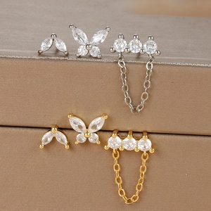 Exquisite Butterfly Chain Zirconia Stud Earrings Set With Stainless Steel Post For Women Korean Style Piercing Jewelry