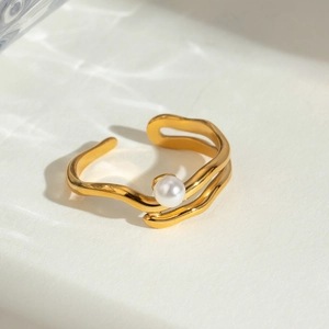 Gold-plated irregular double-layer stainless steel ring featuring a white pearl detail