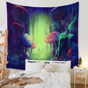 Detail of bohemian mushroom tapestry with fantasy forest theme for room wall decor
