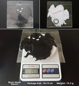 Macro view of Halloween black ghost banner packaging with 18x19cm size details