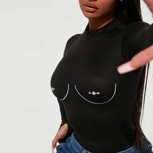 Sexy black long sleeve bodysuit with creative white chest outline print for women