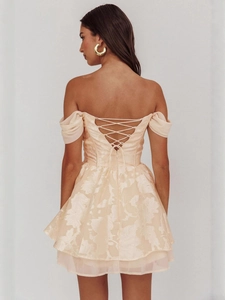 Elegant champagne jacquard off-shoulder mini dress with ruffled hem and lace-up back detail