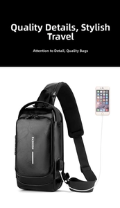 Detail view of the black sling bag featuring an integrated USB charging port and data cable