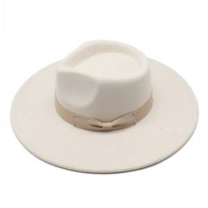 Classic cream wide brim wool fedora hat with elegant ribbon bow for women and men