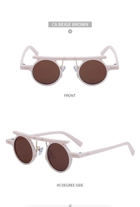 Front and 45-degree side view of beige round punk sunglasses with gold stud details