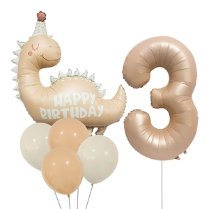 Cream dinosaur theme balloon set with number 3 for 3rd birthday party decoration