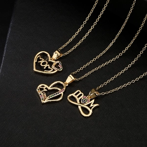 18K gold plated heart MOM pendants with colorful zircons on three gold necklaces