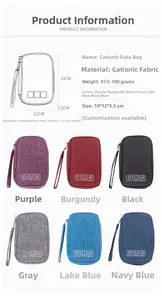 Size specifications and color options for the cationic fabric travel cable organizer bag